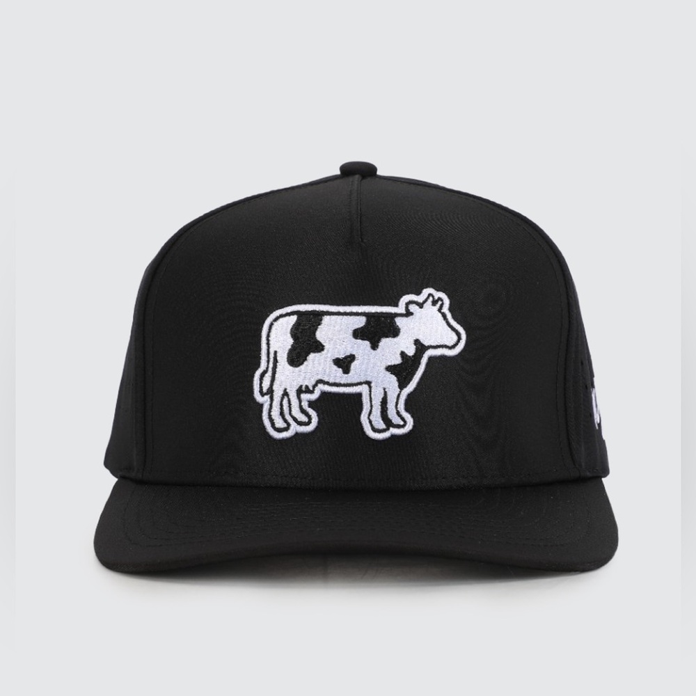 Waggle Golf Legendairy Snapback Hat Black Cow Graphic Lasercut Vents Performance